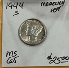 1944-s . Mercury Dime . Gem BU . MS . Original Old Silver . Full Bands
