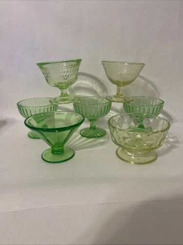 7 Vaseline/Uranium Glass Sundae Sherbet Dessert Cups Vintage