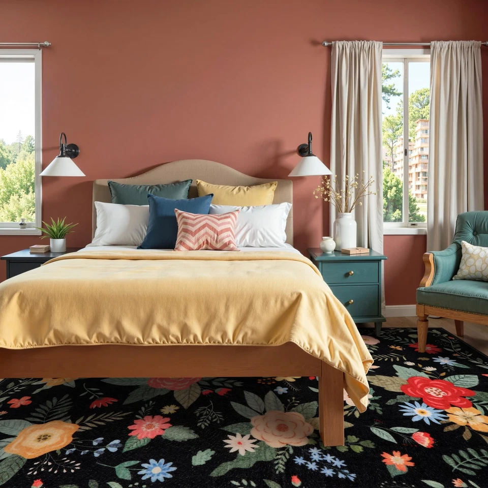 Alfombra floral negra 8x10 para habitación de niños, alfombras de flores silvestres para decoración de habitaciones estética... Foto 3 de 4