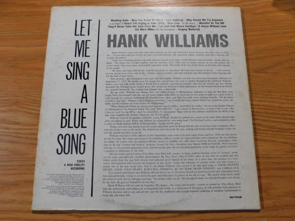 Hank Williams - MGM LP - Let Me Sing a Blue Song - E3924 - Image 2 of 4