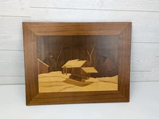VTG Mid Century Wood Inlay Marquetry Wall Decor - Winter Cabin Scene 15.5" x 12"