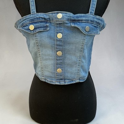 Dylan Ryan Denim Crop Top XL Blue Snap Front Stretch Jean Bustier Cami