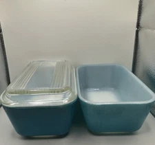 Vtg Pyrex Primary Turquoise Blue Refrigerator Dish Lot 2pc 502-B And 502Stamped