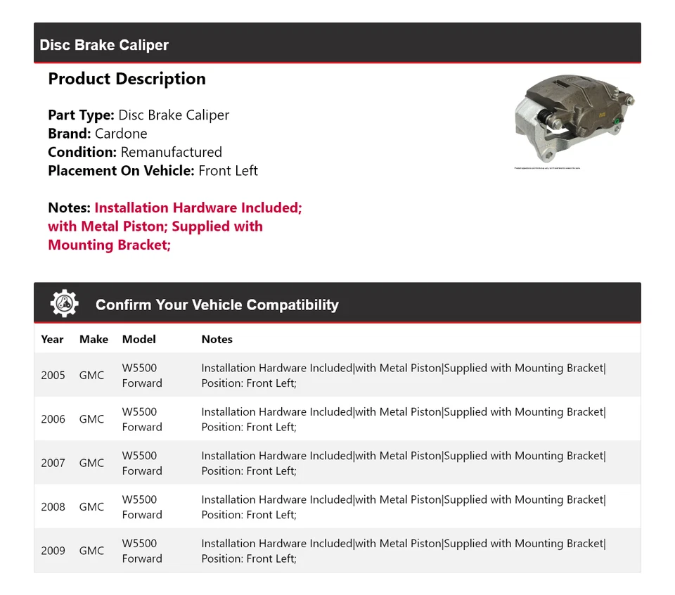 Pinça de freio a disco dianteira esquerda Cardone 2006 2007 para 2005-2009 GMC W5500 - Imagem 2 de 4