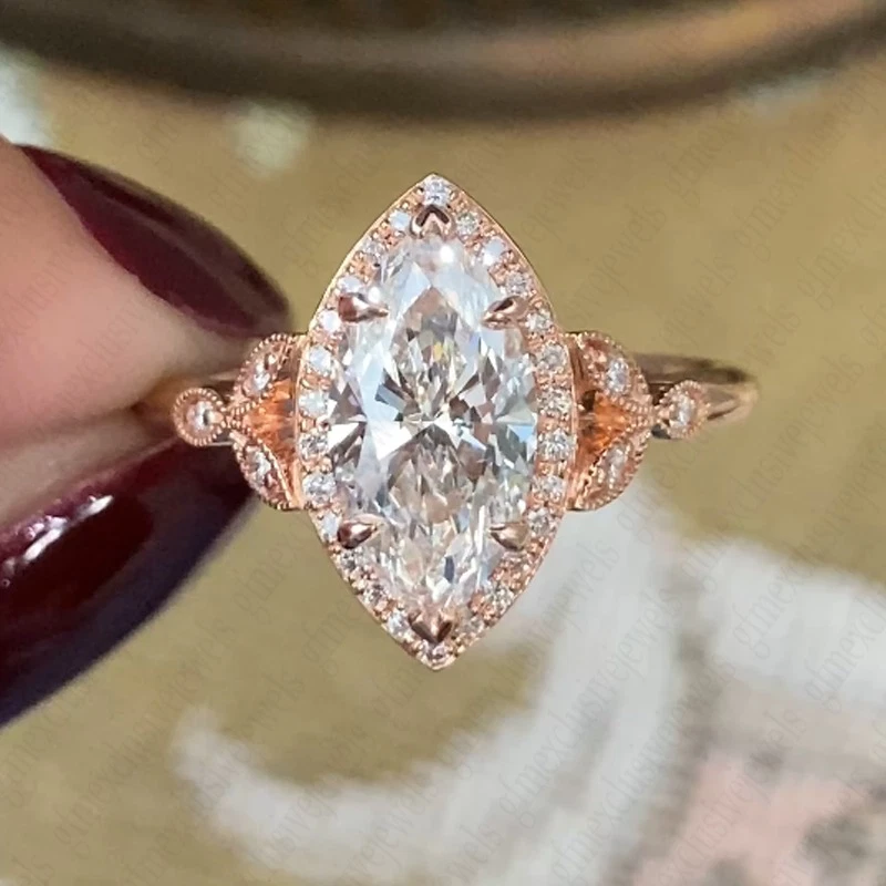 2.90TCW Marquise Moissanite Cluster Proposal Engagement Ring Solid 14k Rose Gold - Image 2 of 4
