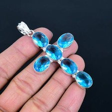 Pendentif croix ovale pierre précieuse argent sterling 925 topaze bleue de Lo...