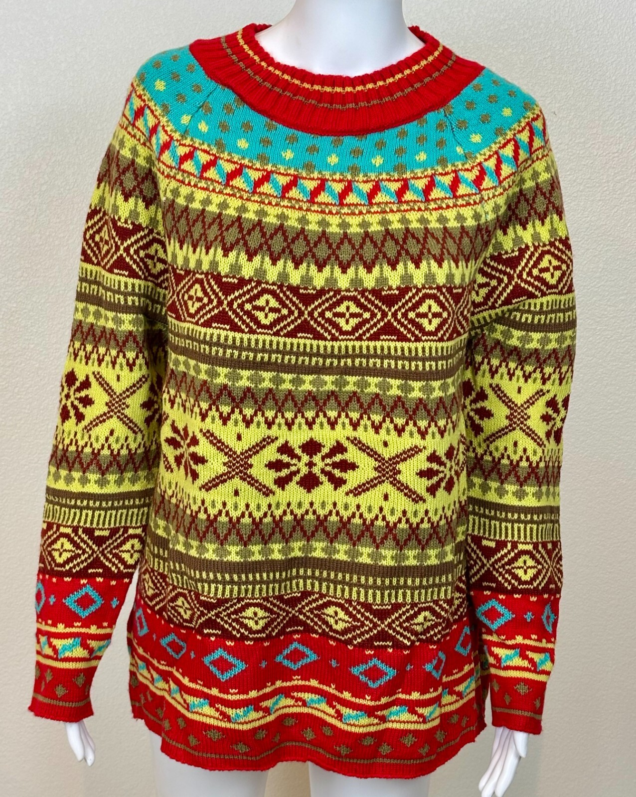Womens Fair Isle Crew Neck Sweater Size XL Red Argyle Boho Casual Winter Ski