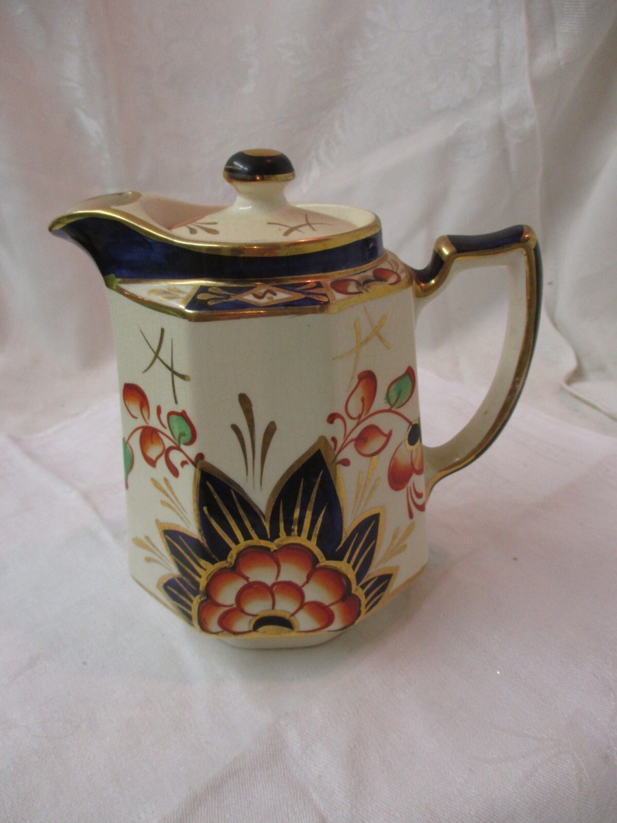 Antique England Burslem H. J. Wood Pottery Coffee Pot rust & blue