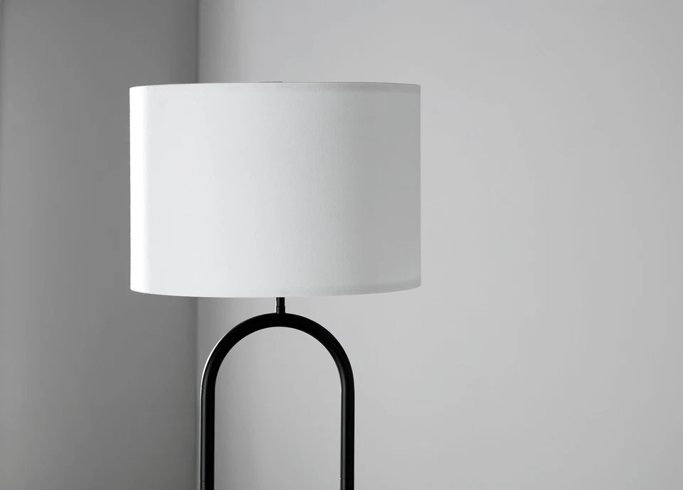 Lámpara de pie de metal de doble arco de 64", acabado negro con pantalla de tambor de tela blanca Foto 4 de 4