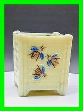 Stunning Antique Custard Glass Figural Beehive & Bumble Bees Match Holder - RARE