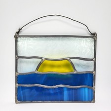 Vintage Textured Leaded Glass Suncatcher Sunset Over Ocean Wall Window Hanging