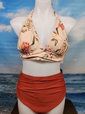 NWT Cupshe Women Two Piece Swimsuit Large- Cream Orange Green Floral Halter