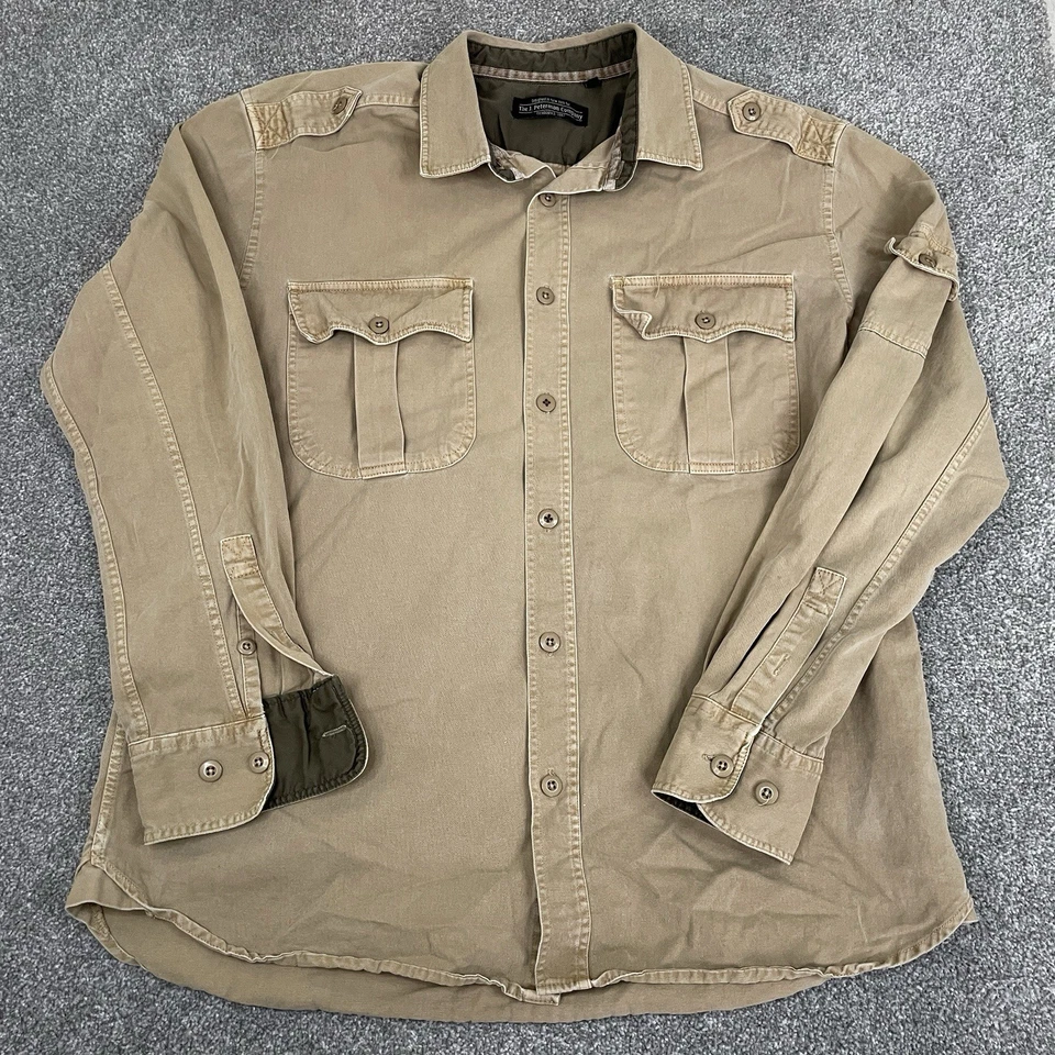 J Peterman Shirt Mens L Khaki Safari Button Up Epaulettes Tan Hunting Shooting - Image 2 of 4