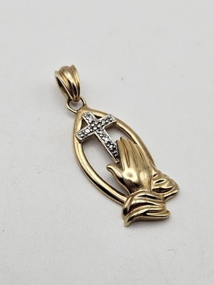 925 Gold Filled Sterling Silver Praying Cross Hands Diamond Pendant