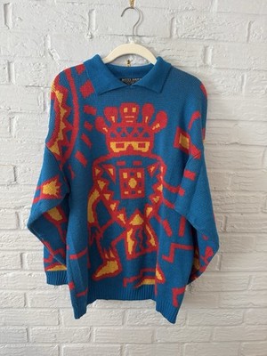 Kitty Hawk Vintage Collared Pullover Sweater Blue Red Yellow Graphic Geometric M