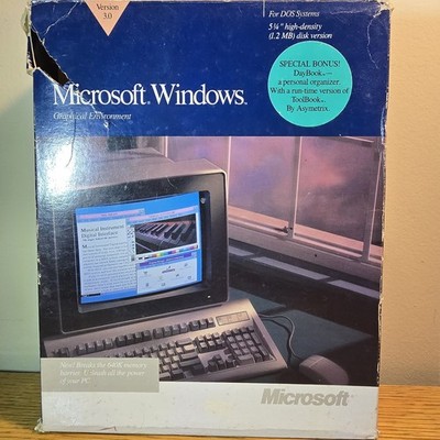 Microsoft Windows 3.0 Big Box 5.25'' DOS Complete w/ DayBook Bonus Vintage 1990