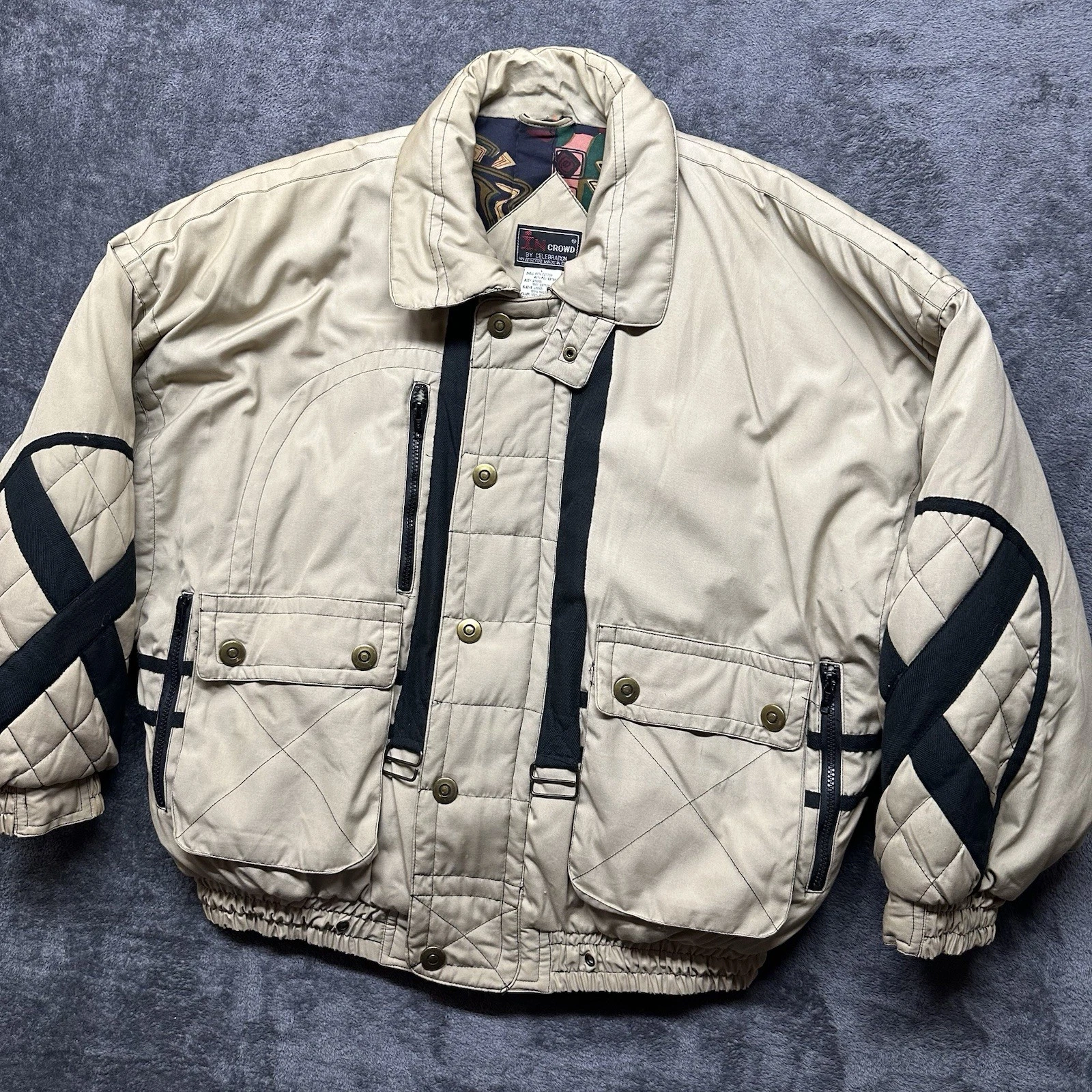 Vintage In Crowd Jacket Mens Large Beige Full Zip Bomber Safari Pockets 90s