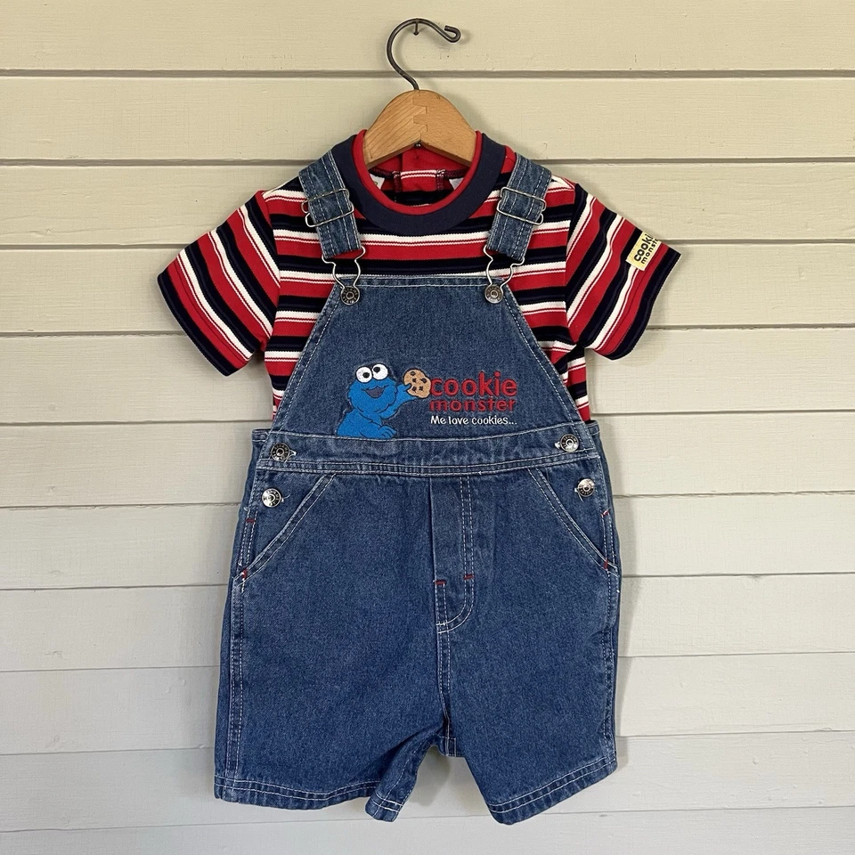 Vintage 90s Sesame Street Cookie Monster Denim Overalls Set Baby Size 24 Months - Image 2 of 4