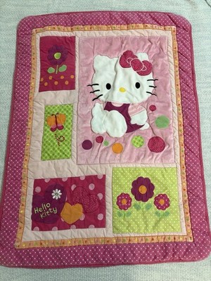 Lambs & Ivy Hello Kitty Embroidered Crib Quilt Pink Floral Butterfly Cotton