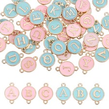 52 Pcs Letter Initial Charm A-Z Double Hanging Round Letter Charm Blue, Pink