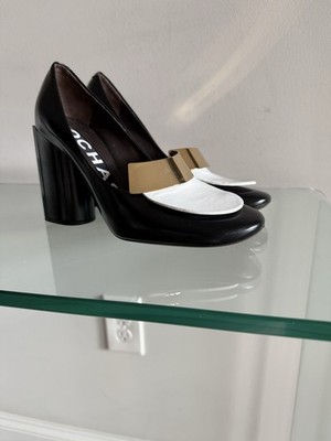 ROCHAS LEATHER BLACK WHITE GOLG HEELS SHOES SIZE 38  MADE IN ITALY