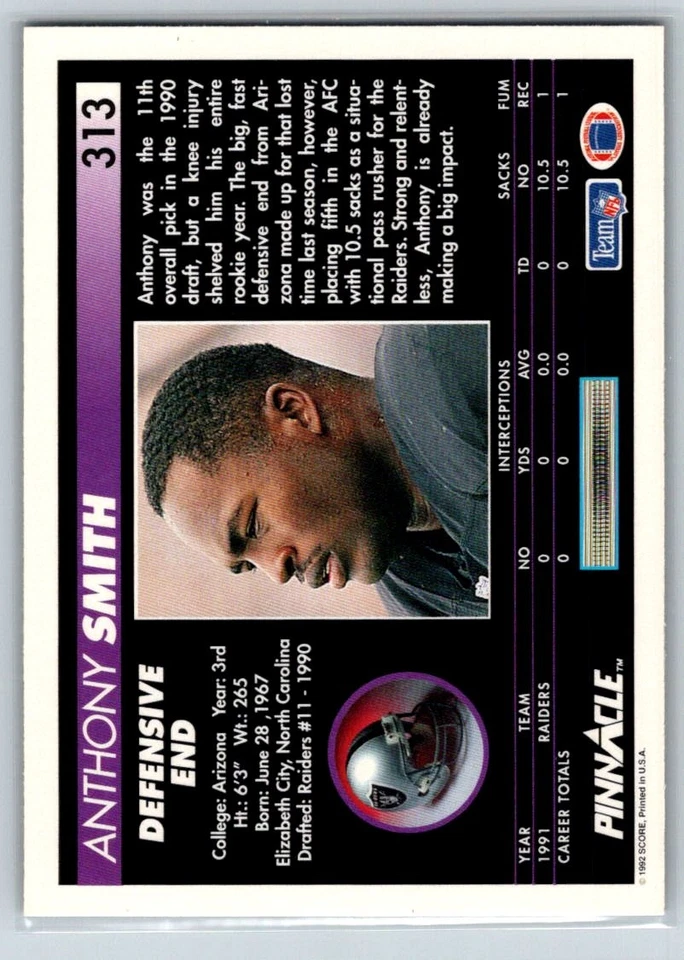 1992 Pinnacle #313 Anthony Smith Los Angeles Raiders - Image 2 of 2