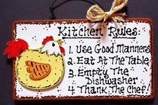 CHICKEN KITCHEN RULES SIGN Wall Art Hanger Plaque Country Rooster Wood Decor