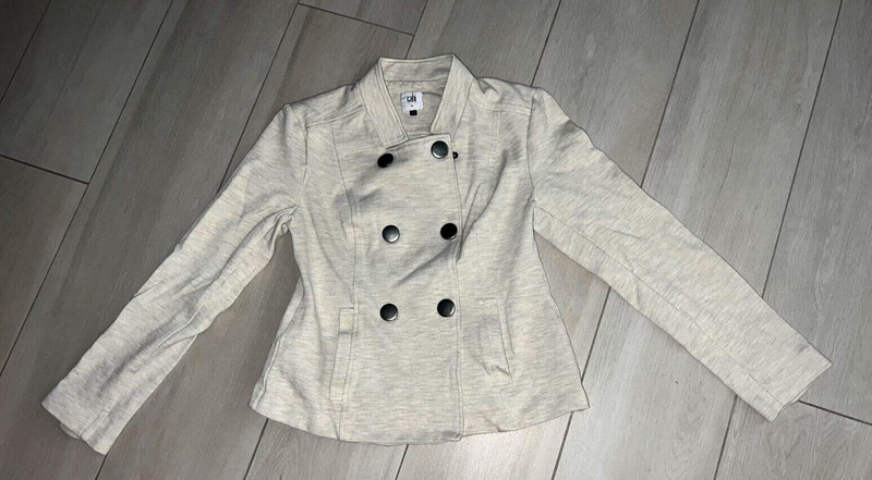 Cabi women's double-breasted, heathered oatmeal, Ponte knit moto jacket XS.