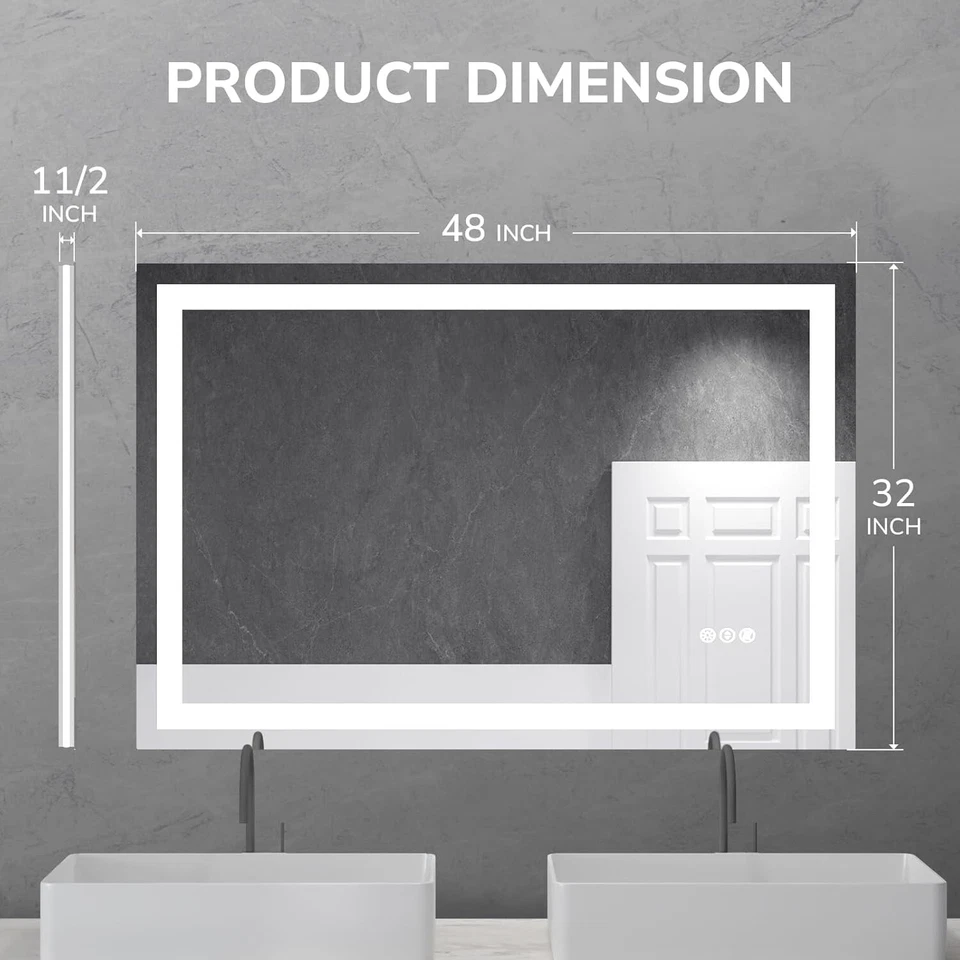 Espelho de banheiro LED 48 x 32 polegadas regulável antiembaçante parede vaidade toque espelho de maquiagem - Imagem 2 de 4