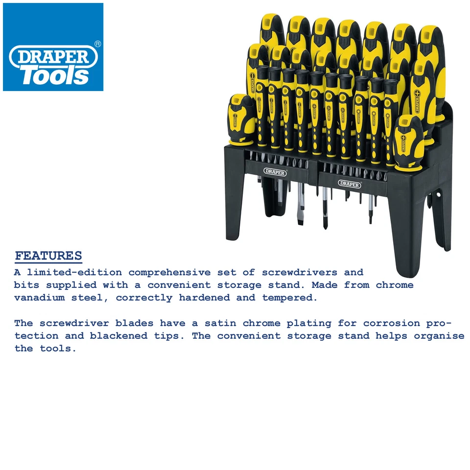 Draper Screwdriver & Bits Set 47pc Soft Grip c/w Stand Plain Slot PH PZ TX-STAR - Image 3 of 4