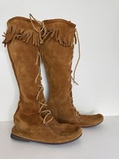 Vintage Brown Suede Fringe Boots Size 7 Moccasin Flat Knee High Lace Leather USA