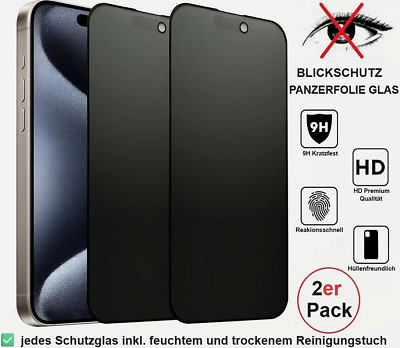 Panzerfolie Blickschutz Glas für iPhone 16 15 14 13 12 11 Pro Max Plus Mini 2PK