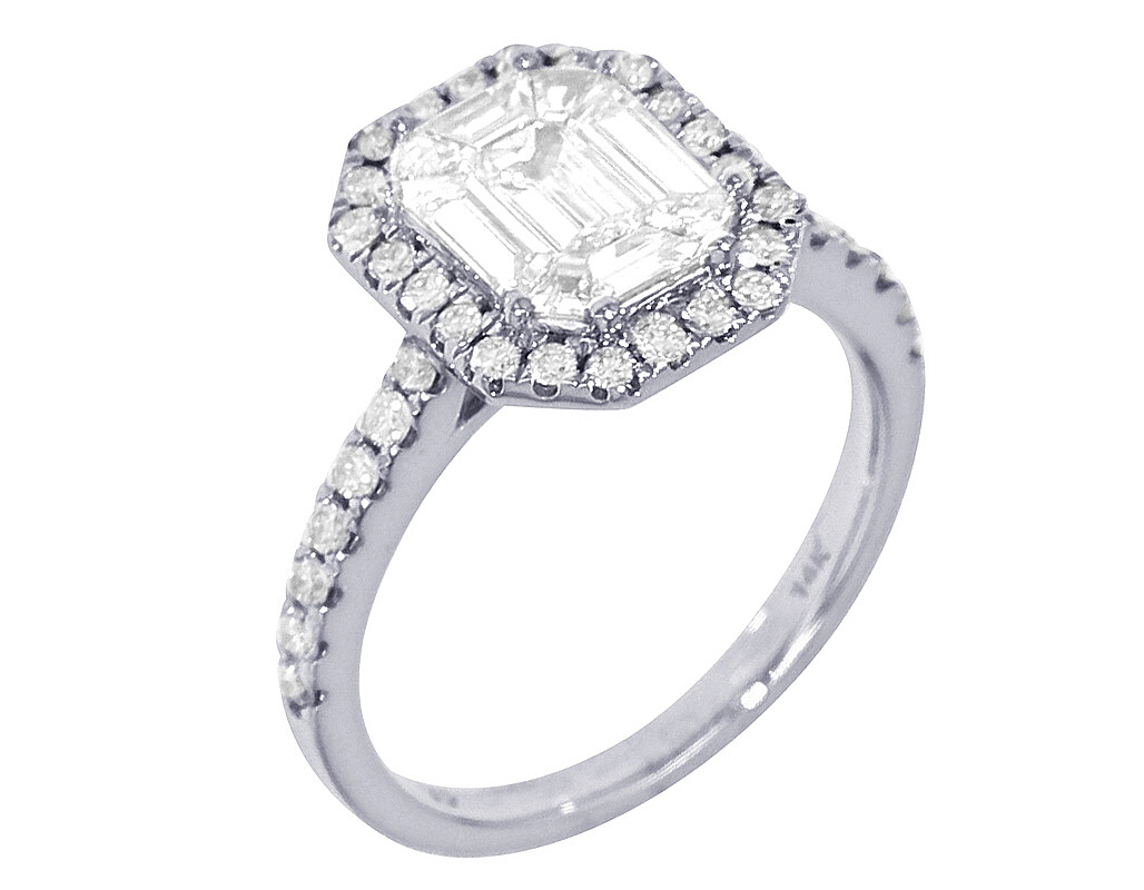 Pie Cut Emerald Diamond Engagement Ring 14K White Gold