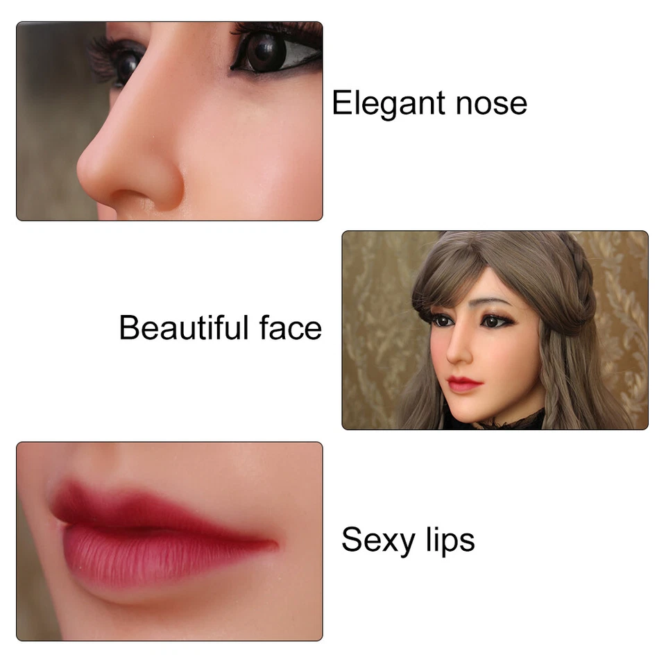 Máscara femenina de silicona realista con máscara facial montada en la cabeza y peluca larga negra Foto 4 de 4