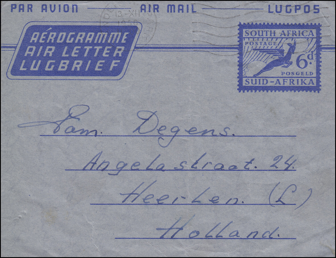 Südafrika Aerogramm SOUTH AFRICA 6 d Blau VANDERBIJLPARK 13.12.1956