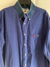 Wrangler PBR Mens Shirt Blue Plaid Button Down Denim Collar Western Rodeo Logo L