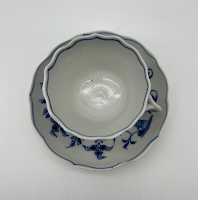 Antique Meissen Blue Onion Pattern Cup and Saucer w Leaves Handle