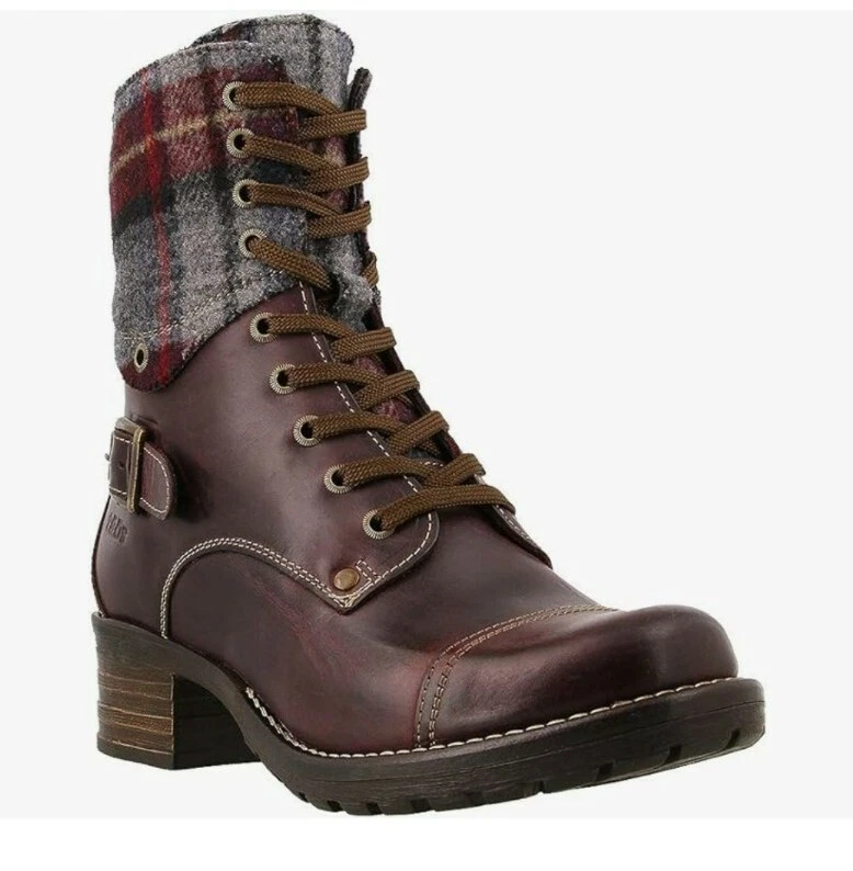 Taos Crave Bordeaux Plaid Leather Combat Laceup Zip Lug Sole Boots