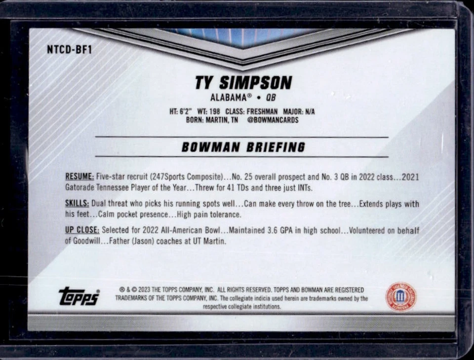 2023 Topps Bowman University International Trading Card Day Ty Simpson #NTCD-BF1 - Image 2 of 2