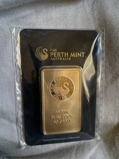 The Perth Mint Gold Bar 50g.9999 Fine Pure Gold Bar In Assay