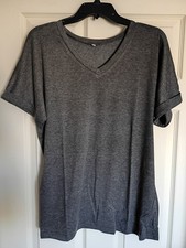 Women's V-Neck T-Shirt Rolled Short Sleeve Charcoal Gray Size L