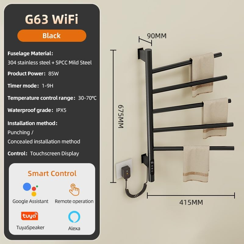 Wall-Mounted Smart Heated Towel Rack, 5-Bar Rotating Design in Black