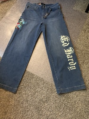 Ed Hardy Slim Flare Women's Skull Multi Color Embroidery Blue Jeans Size 32 NWT