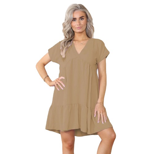 Ladies Tiered Smock Mini Dress Flared Summer Dress Short Sleeve Ruffle Hem Top - Picture 8 of 28