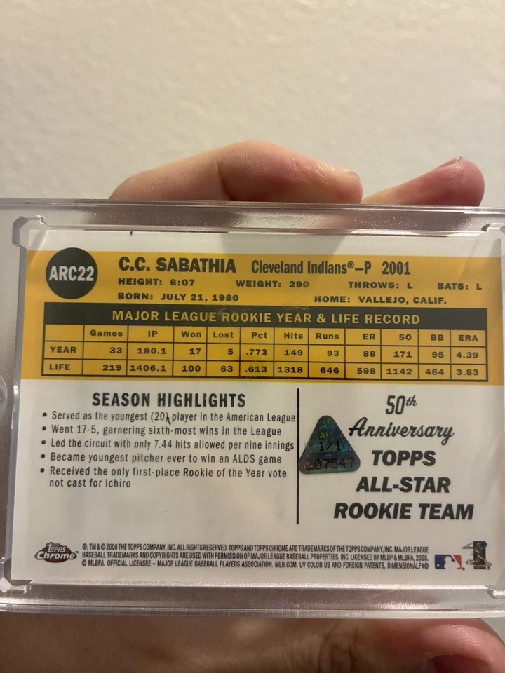 Хромированная голубая печатная пластина Topps 1/1 см3 Sabathia 1 из 1 - Изображение 2 из 2