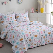 Girls Pink Floral Quilt Set Queen Size Kids Bedding Sets Lightweight Summer B...