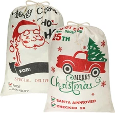 SULOLI 2Pcs Christmas Large Santa Sacks, 26" x 19" Xmas Canvas Gift Bag with Dra
