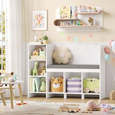 Kids Bookcase, 110 cm Toy Storage Unit with Seat Cushion, 6 Cube Storage Unit