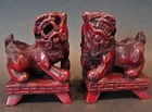 Pair of Antique / vintage signed Chinese / Japanese (?) carved wood foo dog