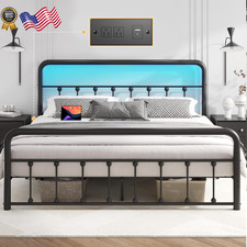 Queen Bed Frame Classic Metal Platform Bed Frame with Charging Station LED